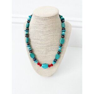 NWT Genuine Turquoise, Red Turquiose & Black Pearls Necklace Beaded